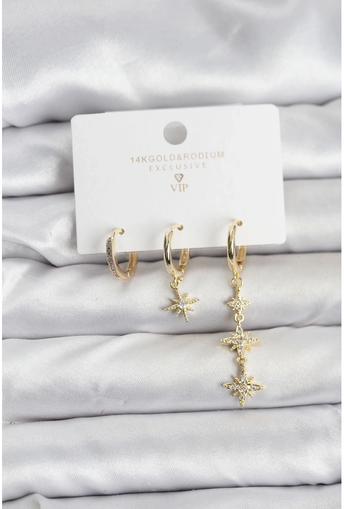 Shoecide Kutup Yıldızı Model Gold Renk Pirinç 3lü Kadın Küpe Seti
