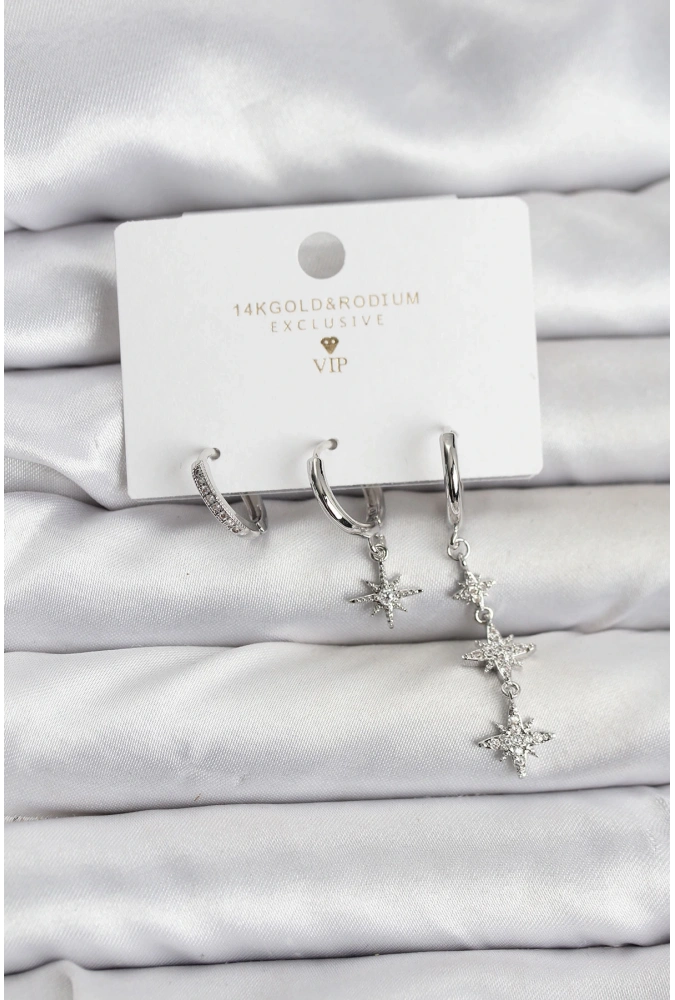 Shoecide Kutup Yıldızı Model Gümüş Renk Pirinç 3lü Kadın Küpe Seti