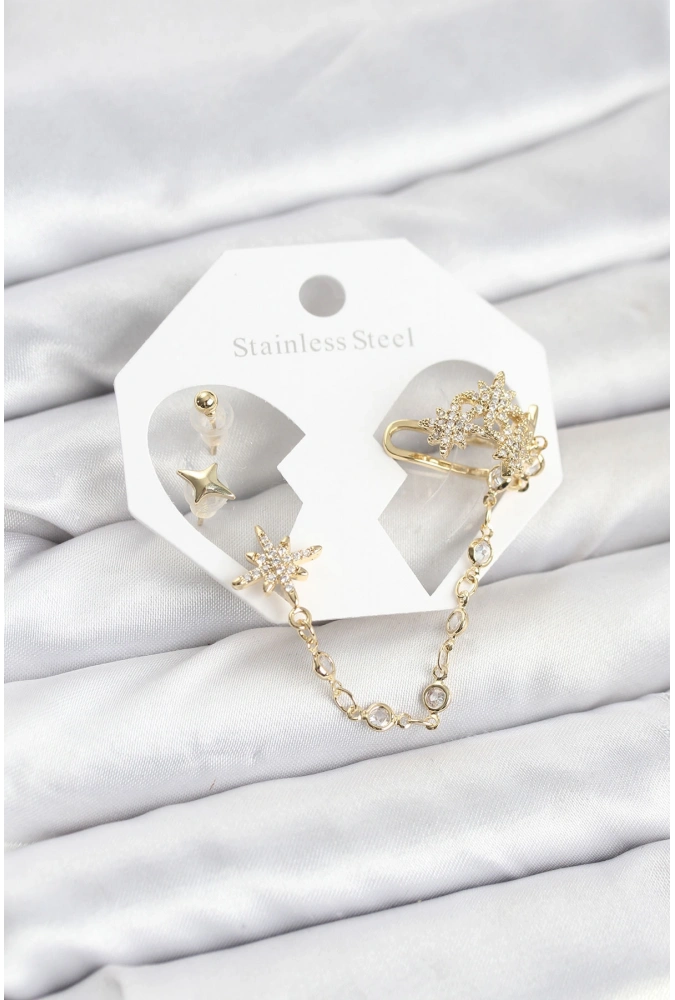Shoecide Kutup Yıldızı Model Pirinç Gold Renk Zincir Bağlantılı Ear Cuff Küpe Seti