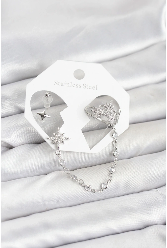 Shoecide Kutup Yıldızı Model Pirinç Gümüş Renk Zincir Bağlantılı Ear Cuff Küpe Seti
