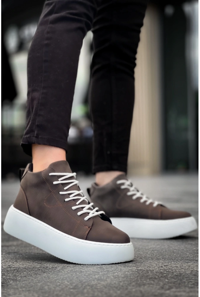 Shoecide Le10 Bağcıklı Erkek Yüksek Beyaz Taban Kahverengi Spor Bot