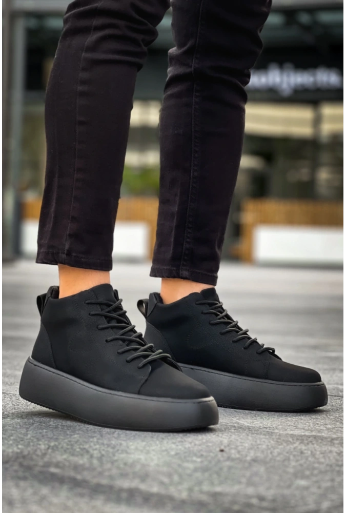 Shoecide Le10 Bağcıklı Erkek Yüksek Siyah Taban Siyah Spor Bot