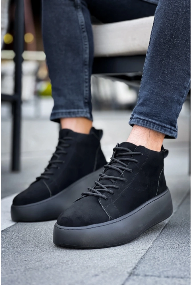 Shoecide Le10 Bağcıklı Erkek Yüksek Siyah Taban Siyah Süet Spor Bot