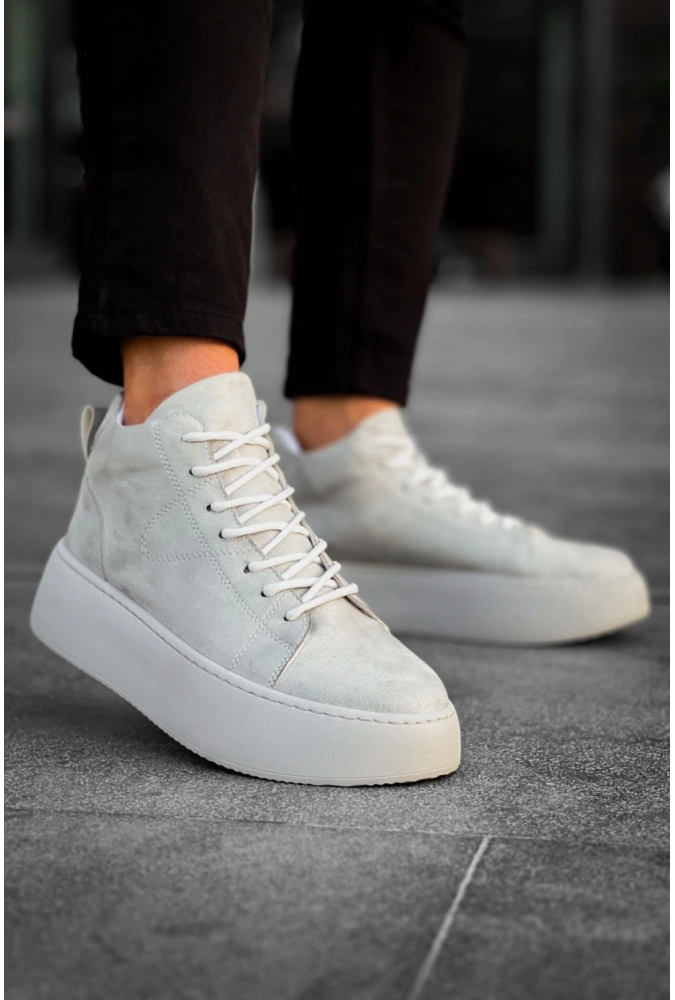 Shoecide Le10 Bağcıklı Erkek Yüksek Taban İthal Gri Süet Spor Bot