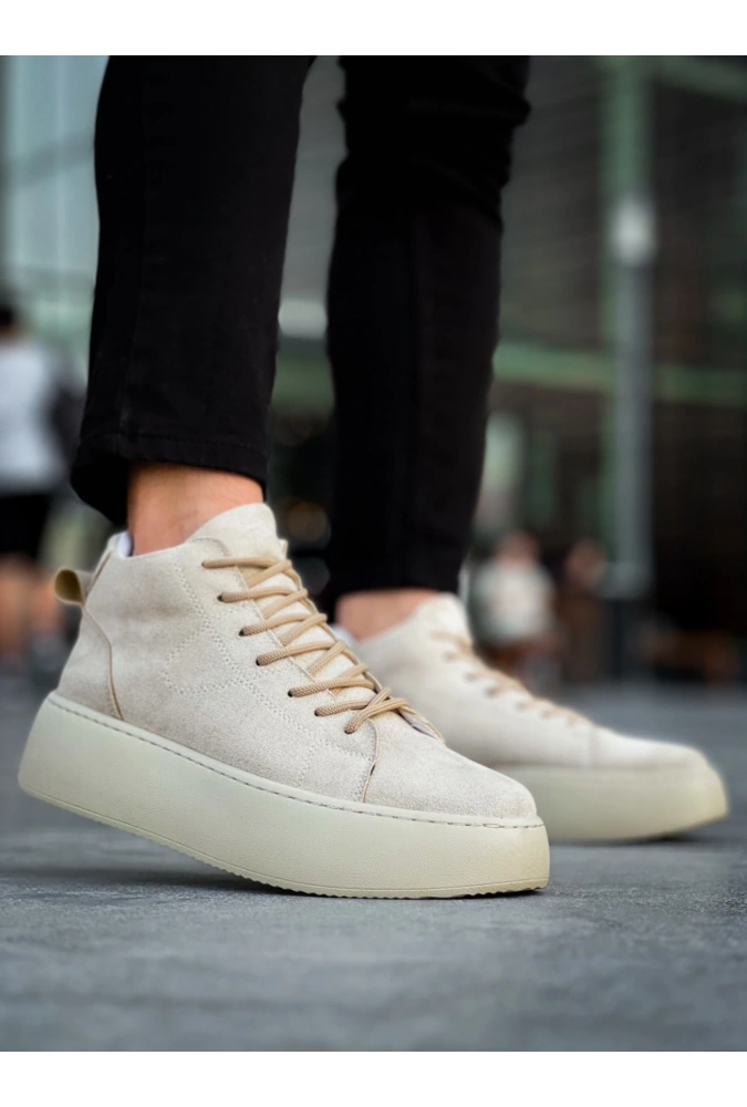 Shoecide Le10 Bağcıklı Erkek Yüksek Taban İthal Süet Krem Spor Bot