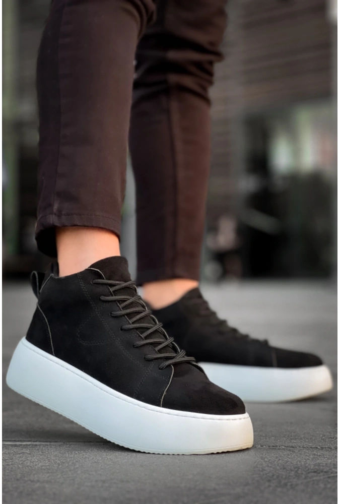 Shoecide Le10 Bağcıklı Erkek Yüksek Taban İthal Süet Siyah Spor Bot