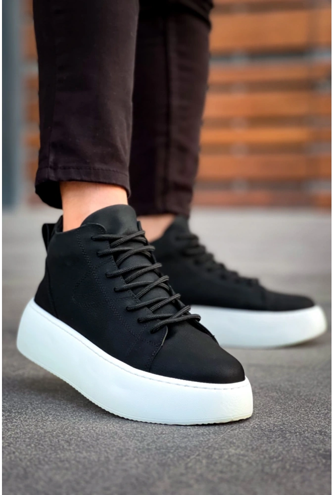 Shoecide Le10 Bağcıklı Erkek Yüksek Taban Siyah Spor Bot