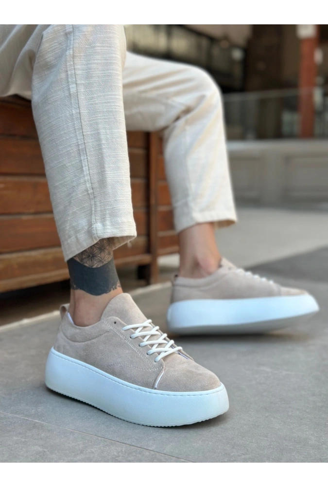 Shoecide Le11 Bağcıklı Erkek Yüksek Taban İthal Süet Krem Spor Ayakkabı