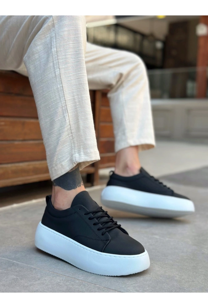 Shoecide Le11 Bağcıklı Erkek Yüksek Taban Siyah Spor Ayakkabı