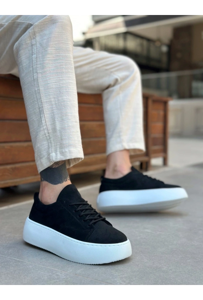 Shoecide Le11 Bağcıklı Erkek Yüksek Taban Siyah Süet Spor Ayakkabı