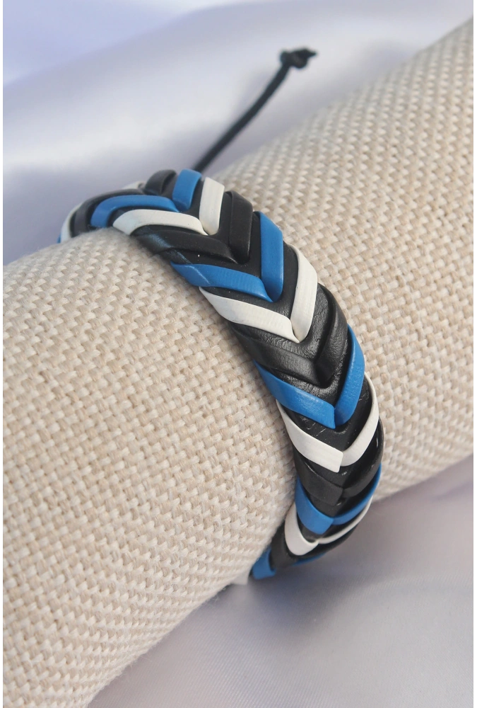 Shoecide Mavi Beyaz Renk Siyah Deri İpli Erkek Bileklik