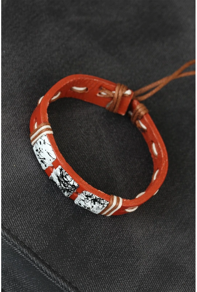 Shoecide Mermer Taşlı Kahverengi Deri Erkek Bileklik