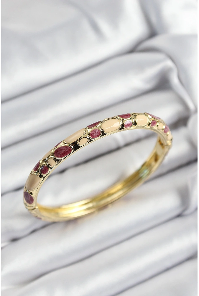 Shoecide Mineli Pirinç Fuşya Ve Krem Petek Motifli Gold Renk Kadın Kelepçe