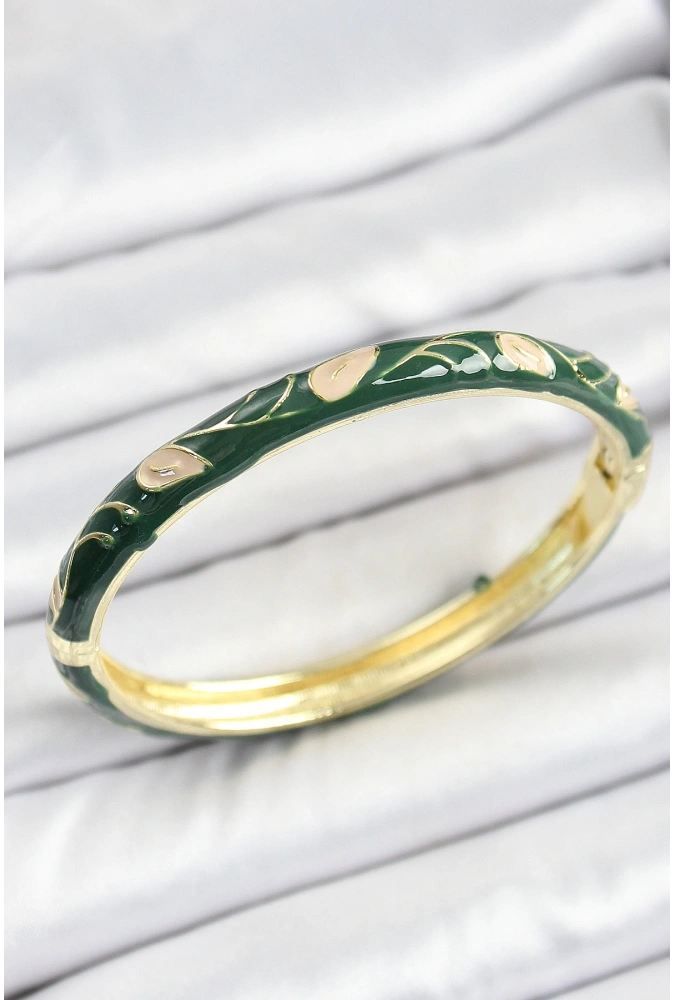 Shoecide Mineli Pirinç Gold Renk Yeşil Çiçek Motifli Kadın Kelepçe