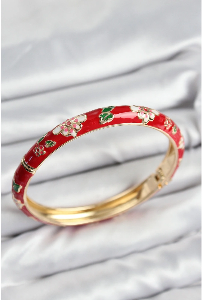 Shoecide Mineli Pirinç Kırmızı Çiçek Motifli Gold Kadın Kelepçe