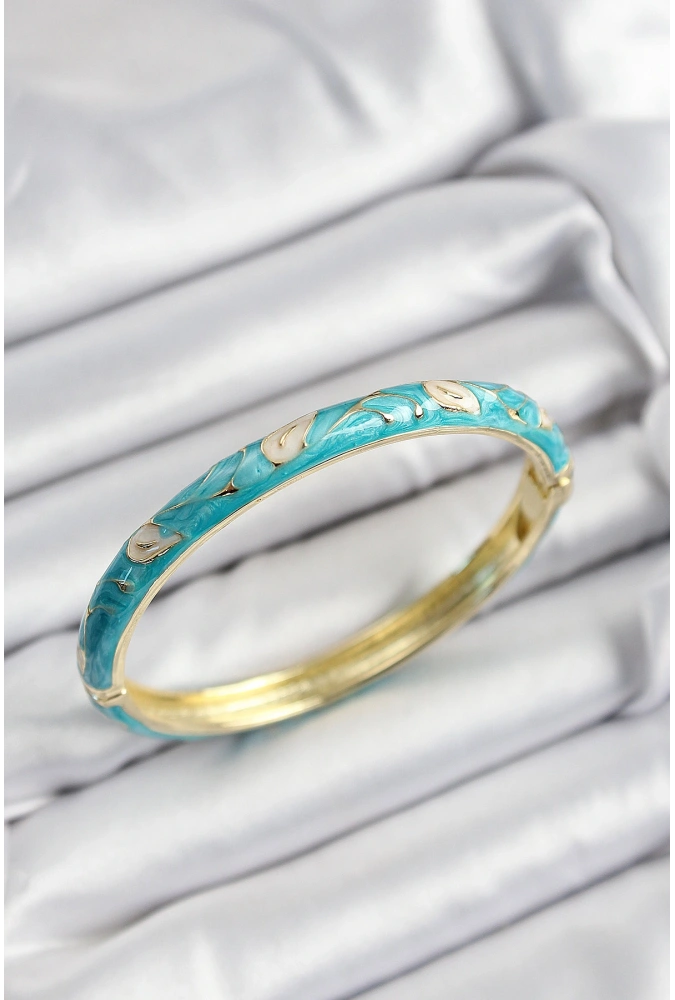 Shoecide Mineli Pirinç Krem Ve Turkuaz Yaprak Motifli Gold Renk Kadın Kelepçe