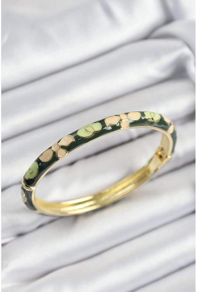 Shoecide Mineli Pirinç Krem Ve Yeşil Çiçek Motifli Gold Renk Kadın Kelepçe