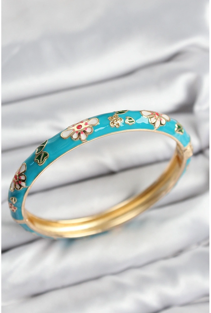 Shoecide Mineli Pirinç Mavi Çiçek Motifli Gold Kadın Kelepçe