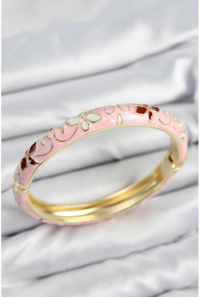 Shoecide Mineli Pirinç Pembe Çiçek Motifli Gold Kadın Kelepçe