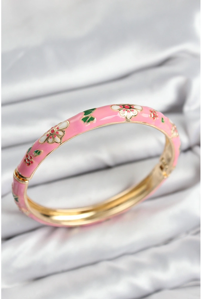 Shoecide Mineli Pirinç Pembe Çiçek Motifli Gold Kadın Kelepçe