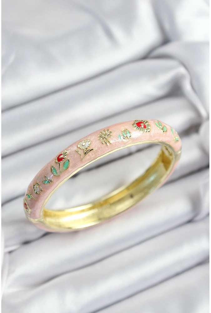 Shoecide Mineli Pirinç Pembe Çiçek Motifli Gold Renk Kadın Kelepçe