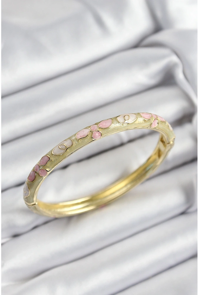 Shoecide Mineli Pirinç Pembe Hardal Ve Krem Çiçek Motifli Gold Renk Kadın Kelepçe