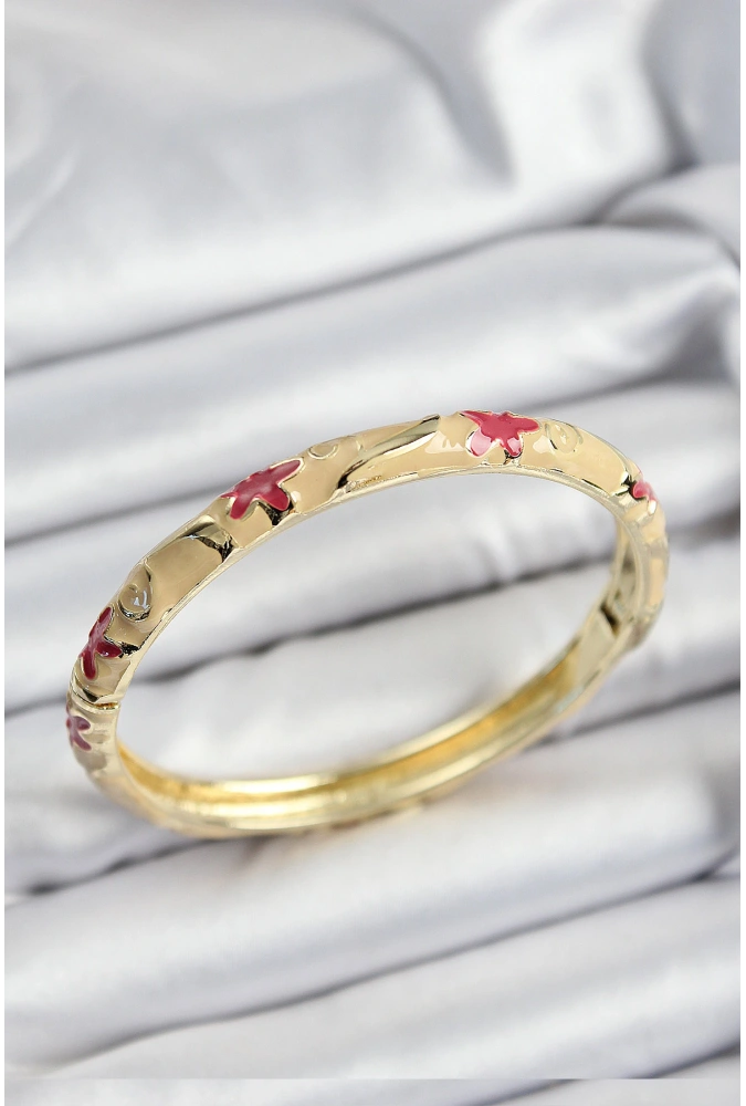 Shoecide Mineli Pirinç Pembe Ve Krem Çiçek Motifli Gold Renk Kadın Kelepçe