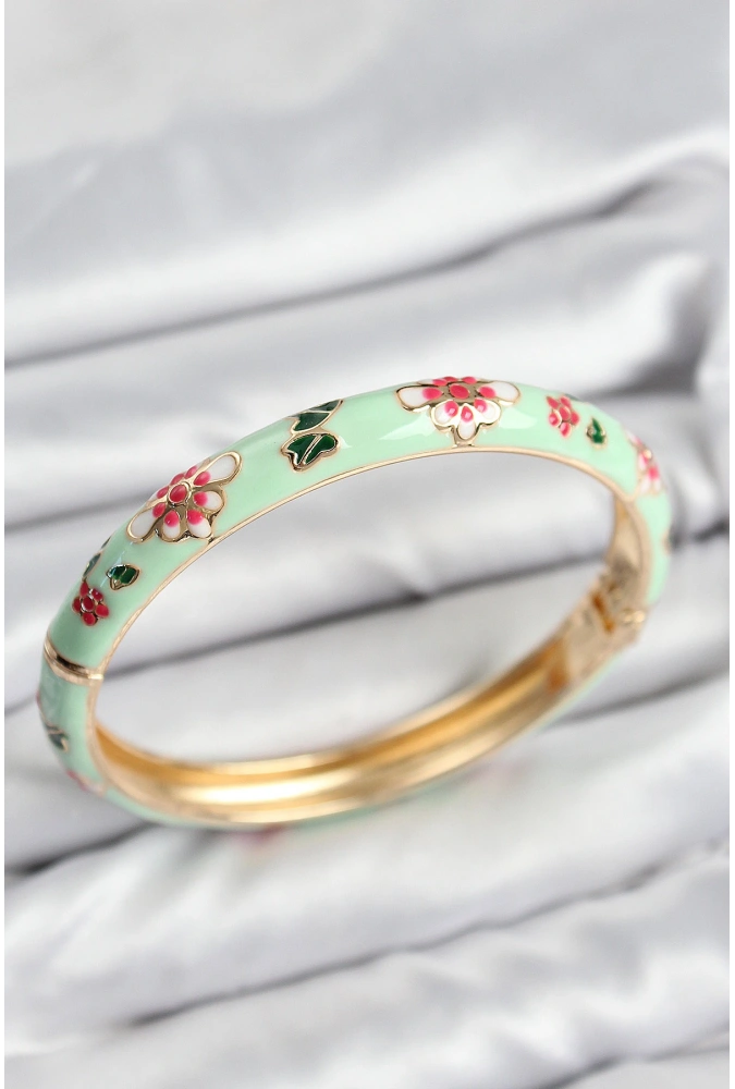 Shoecide Mineli Pirinç Su Yeşili Çiçek Motifli Gold Kadın Kelepçe