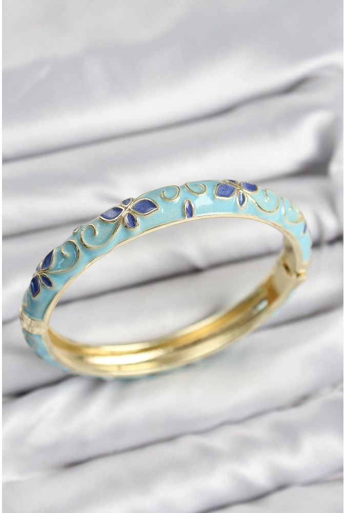 Shoecide Mineli Pirinç Turkuaz Çiçek Motifli Gold Kadın Kelepçe