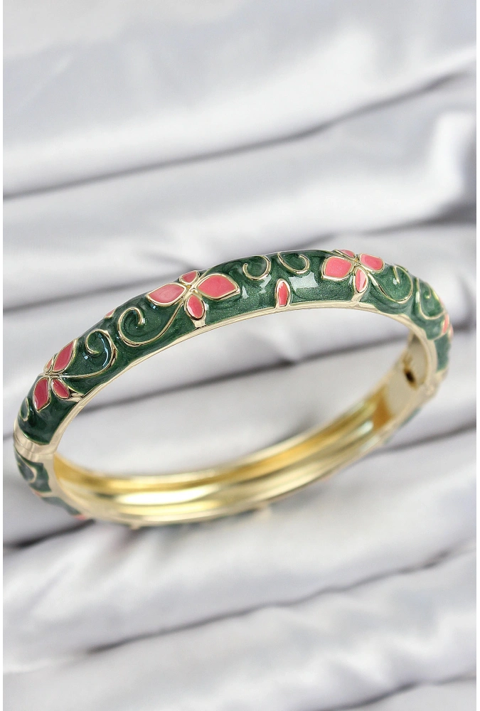 Shoecide Mineli Pirinç Yeşil Çiçek Motifli Gold Kadın Kelepçe