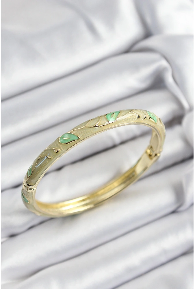 Shoecide Mineli Pirinç Yeşil Yaprak Motifli Gold Renk Kadın Kelepçe