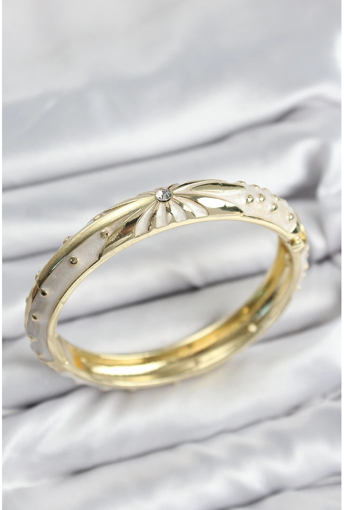 Shoecide Mineli Pirinç Zirkon Taşlı Bej Desen Motifli Gold Kadın Kelepçe