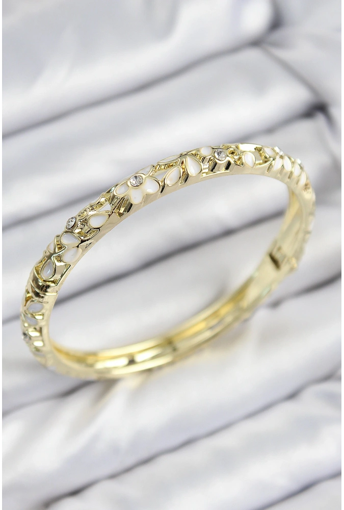 Shoecide Mineli Pirinç Zirkon Taşlı Beyaz Çiçek Motifli Gold Kadın Kelepçe