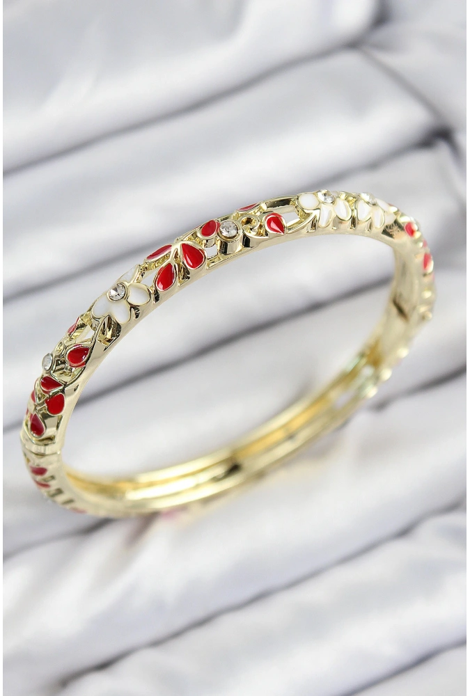 Shoecide Mineli Pirinç Zirkon Taşlı Kırmızı Çiçek Motifli Gold Kadın Kelepçe