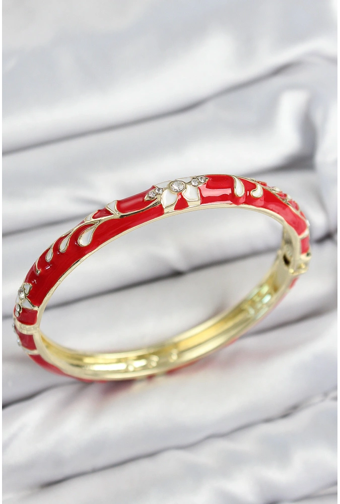 Shoecide Mineli Pirinç Zirkon Taşlı Kırmızı Çiçek Motifli Gold Kadın Kelepçe