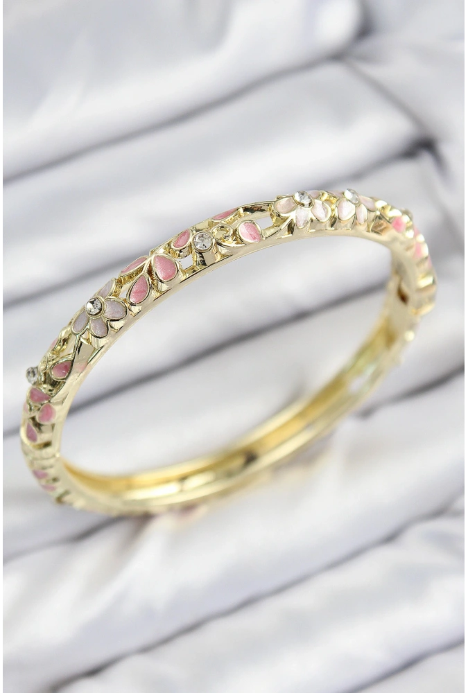 Shoecide Mineli Pirinç Zirkon Taşlı Pembe Çiçek Motifli Gold Kadın Kelepçe