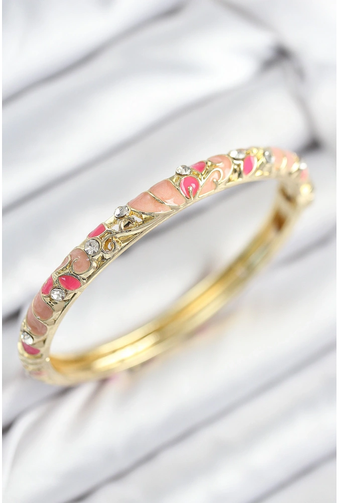 Shoecide Mineli Pirinç Zirkon Taşlı Pembe Çiçek Motifli Gold Kadın Kelepçe