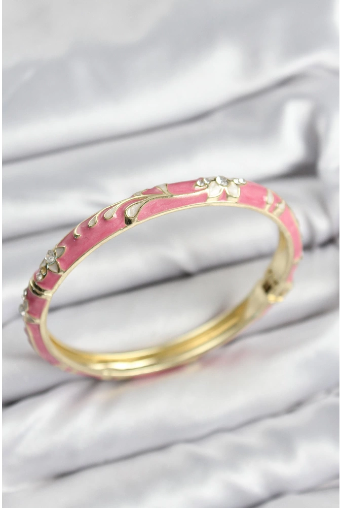 Shoecide Mineli Pirinç Zirkon Taşlı Pembe Çiçek Motifli Gold Kadın Kelepçe