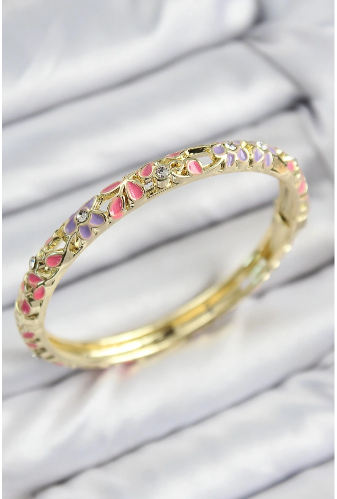 Shoecide Mineli Pirinç Zirkon Taşlı Pembe Mor Çiçek Motifli Gold Kadın Kelepçe