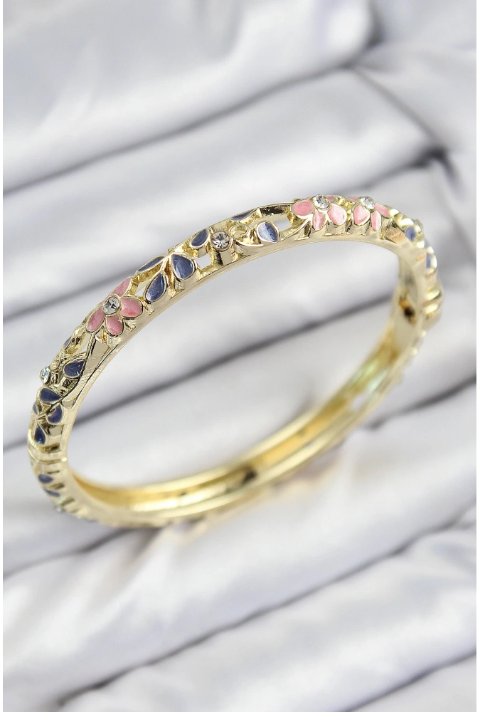 Shoecide Mineli Pirinç Zirkon Taşlı Pembe Mor Çiçek Motifli Gold Kadın Kelepçe