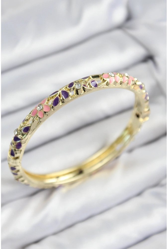 Shoecide Mineli Pirinç Zirkon Taşlı Pembe Mor Çiçek Motifli Gold Kadın Kelepçe