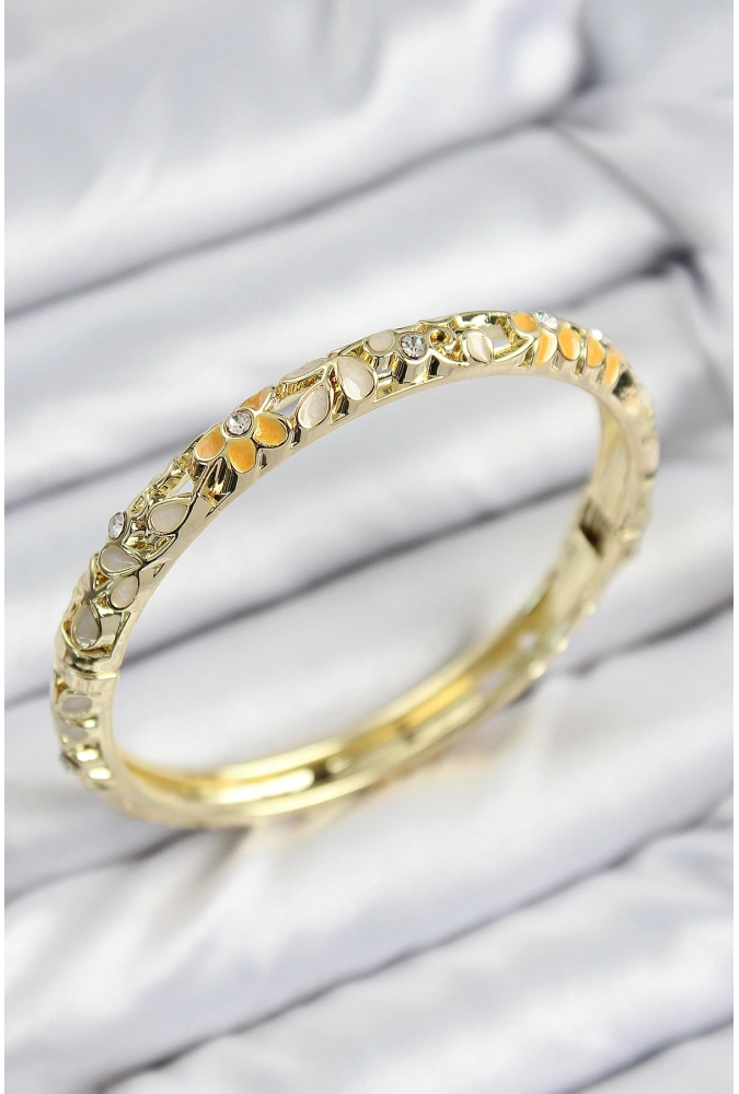 Shoecide Mineli Pirinç Zirkon Taşlı Sarı Krem Çiçek Motifli Gold Kadın Kelepçe