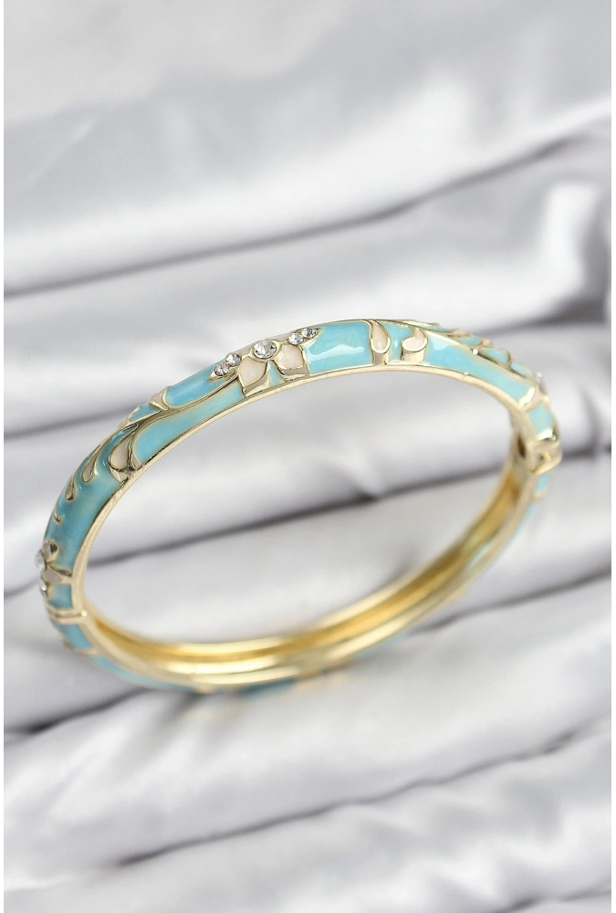 Shoecide Mineli Pirinç Zirkon Taşlı Turkuaz Çiçek Motifli Gold Kadın Kelepçe