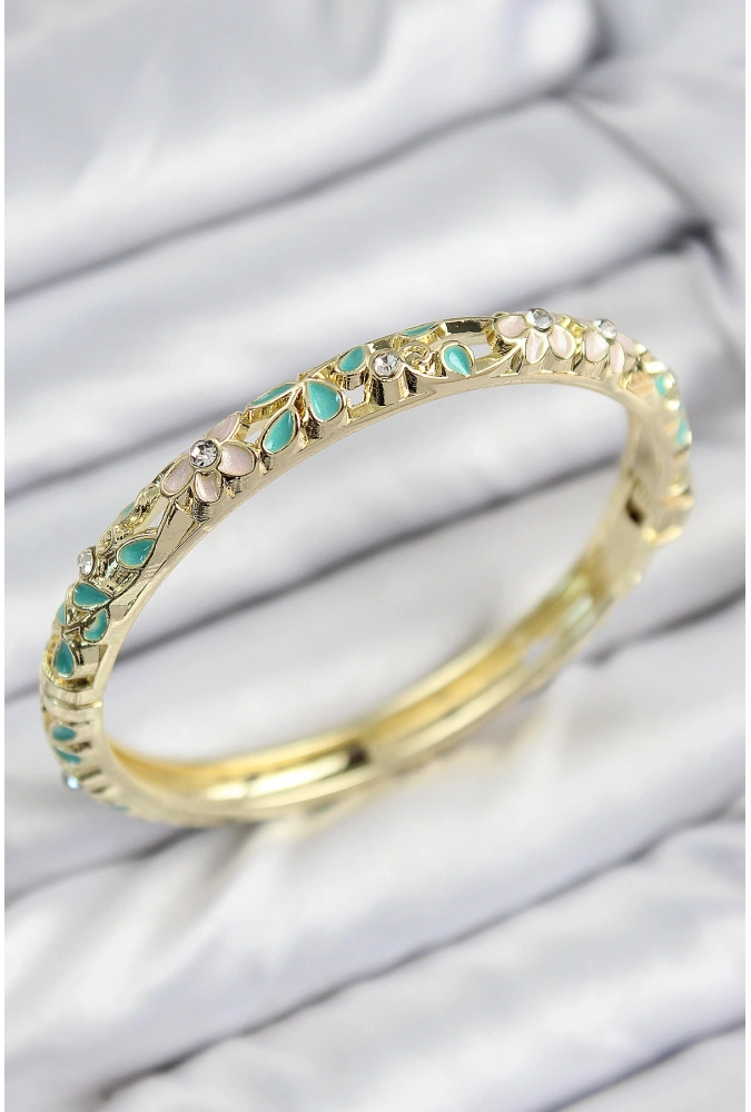 Shoecide Mineli Pirinç Zirkon Taşlı Turkuaz Çiçek Motifli Gold Kadın Kelepçe