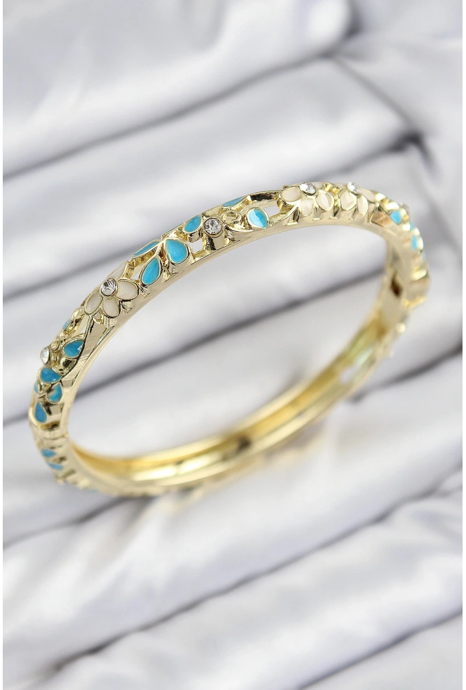 Shoecide Mineli Pirinç Zirkon Taşlı Turkuaz Krem Çiçek Motifli Gold Kadın Kelepçe