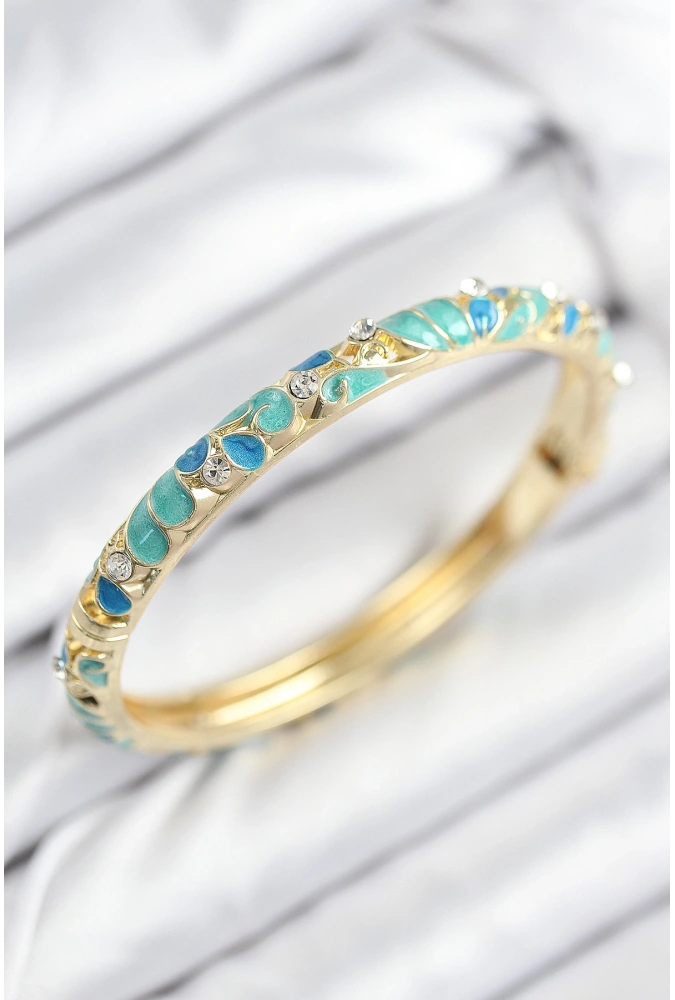 Shoecide Mineli Pirinç Zirkon Taşlı Turkuaz Mavi Çiçek Motifli Gold Kadın Kelepçe