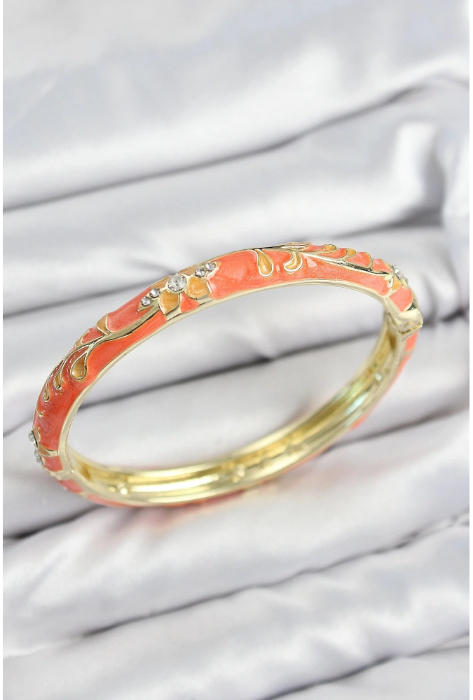 Shoecide Mineli Pirinç Zirkon Taşlı Turuncu Çiçek Motifli Gold Kadın Kelepçe