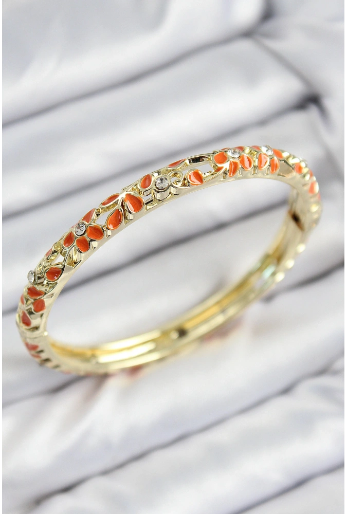 Shoecide Mineli Pirinç Zirkon Taşlı Turuncu Çiçek Motifli Gold Kadın Kelepçe