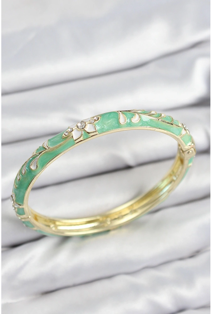 Shoecide Mineli Pirinç Zirkon Taşlı Yeşil Çiçek Motifli Gold Kadın Kelepçe