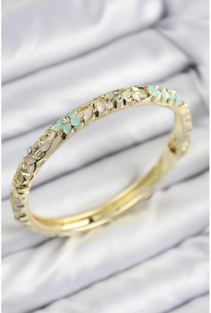 Shoecide Mineli Pirinç Zirkon Taşlı Yeşil Krem Çiçek Motifli Gold Kadın Kelepçe